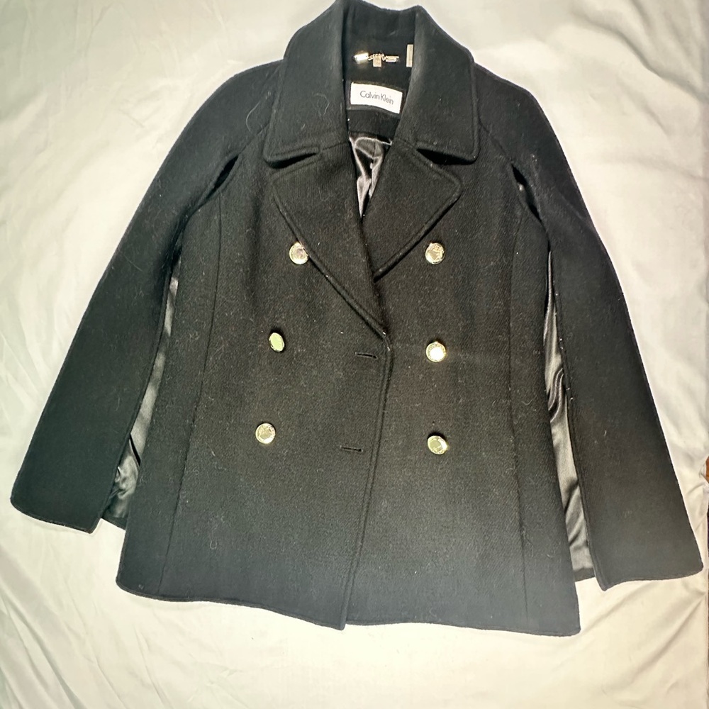 Calvin Klein Black Wool Cape Jacket | Overcoat Style | Gold Button Detail |
